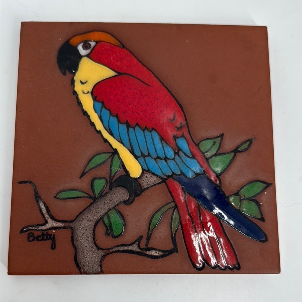 Stunning Colorful Parrot Ceramic Terracotta Tile Signed Betty Decorative Trivet